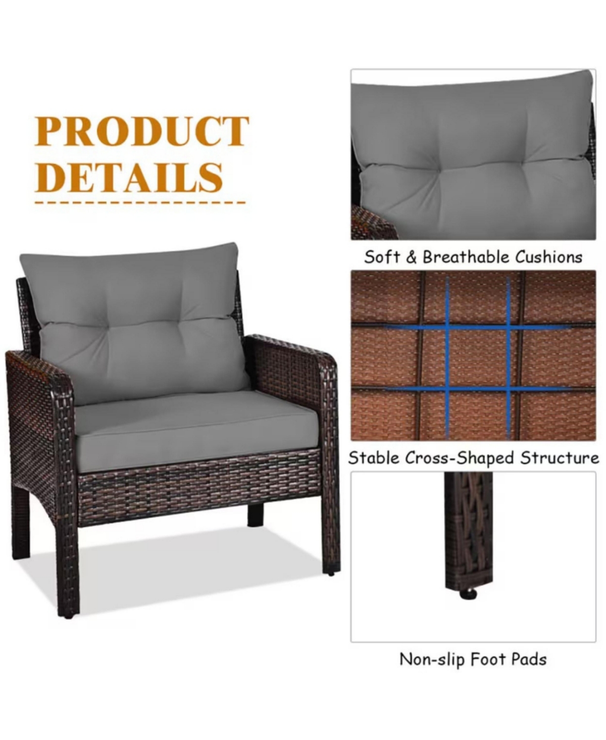 Yiortwo 3-Piece Patio Pe Wicker Furniture Set with Cushions and Glass Table