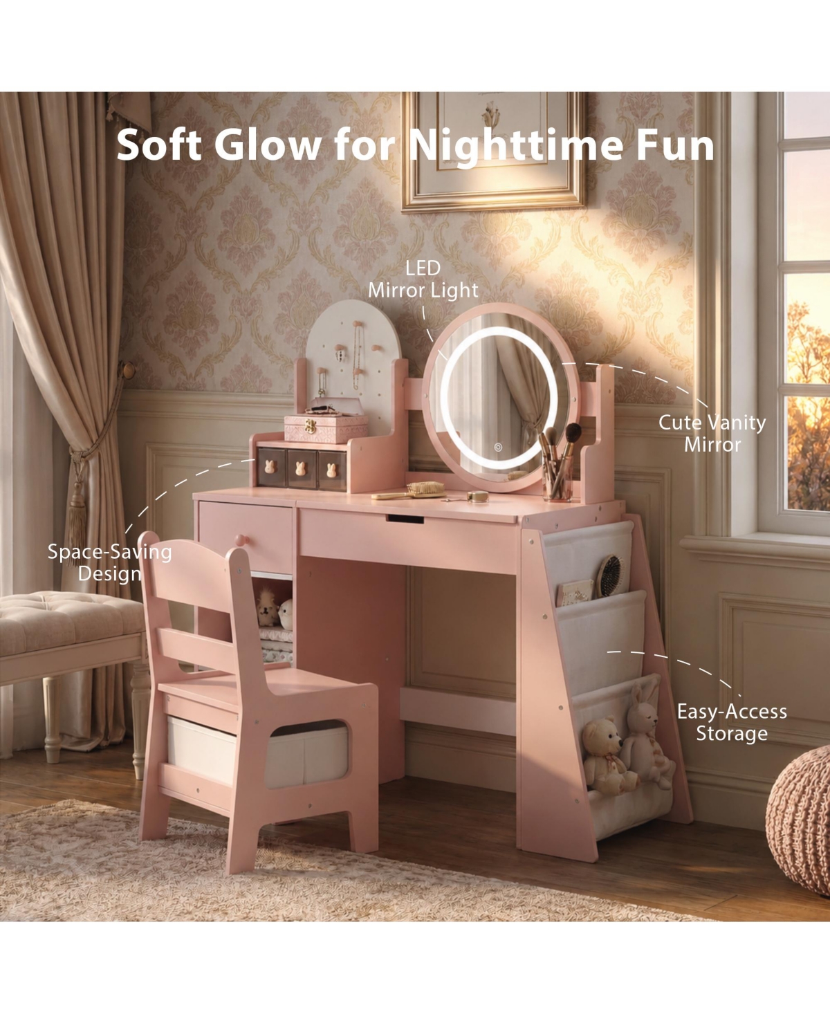 Kinder King Led-Lighted Mirror Vanity Set with Storage Drawer and Stool, 2-Piece, Ages 3+