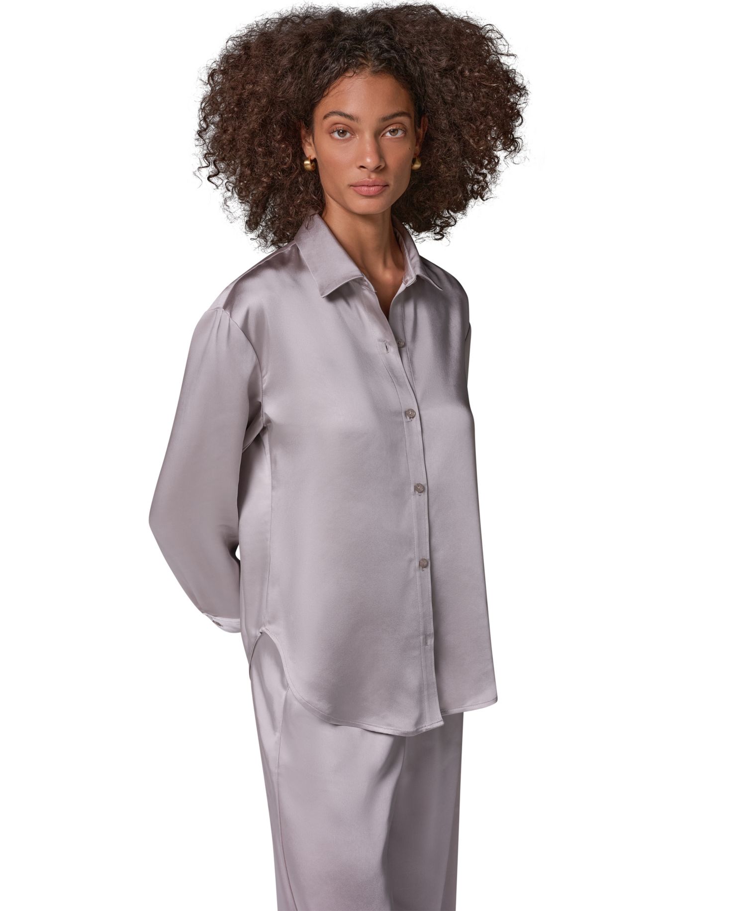 Women's Satin Long-Sleeve Button-Down Blouse