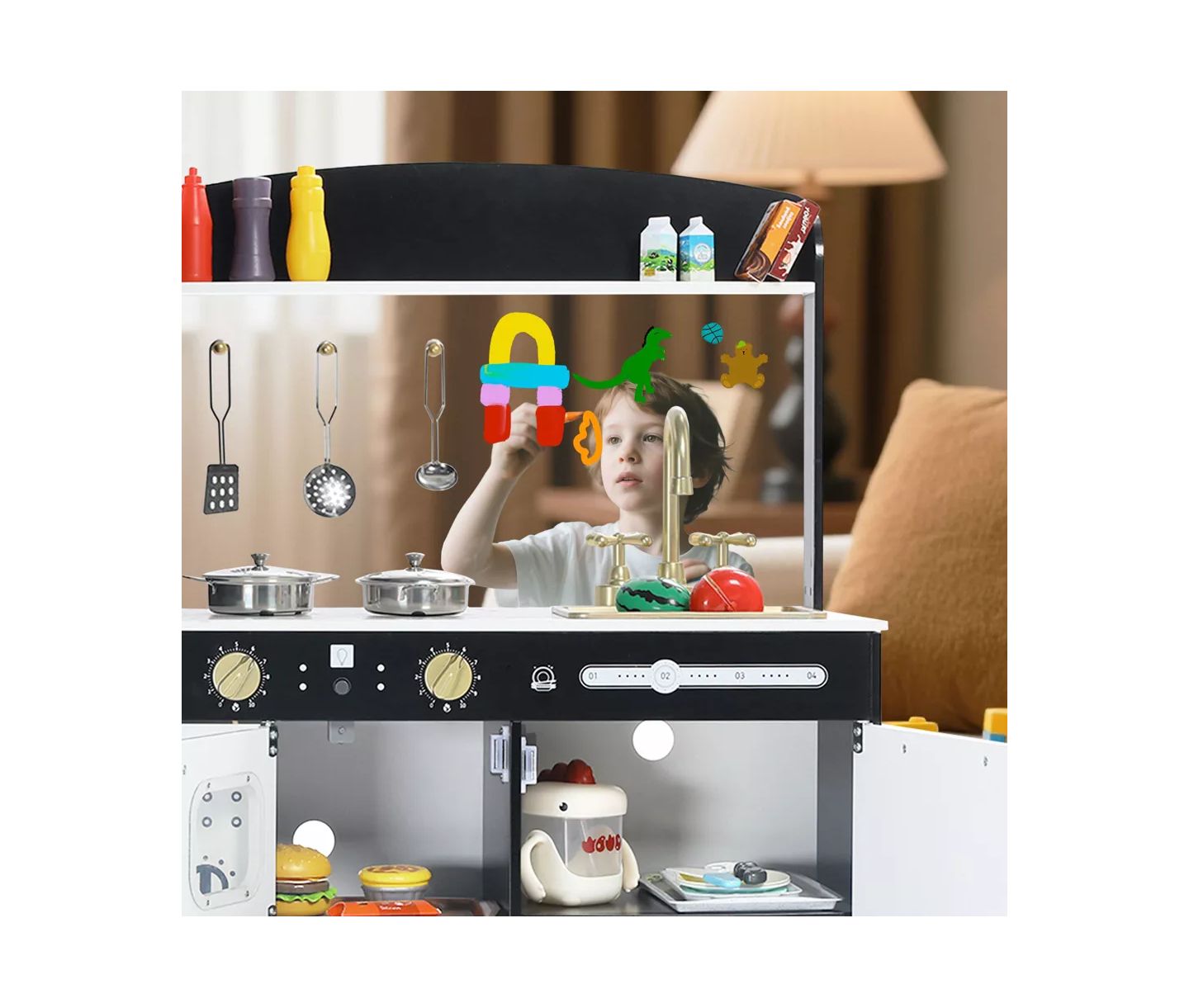 Детская игрушка Kinder King Wooden Pretend Play Kids Kitchen, Toy Kitchen Playset With Oven, Microwave for Boys Girls Age 3+, цвет: Тёмный серый — фото 6