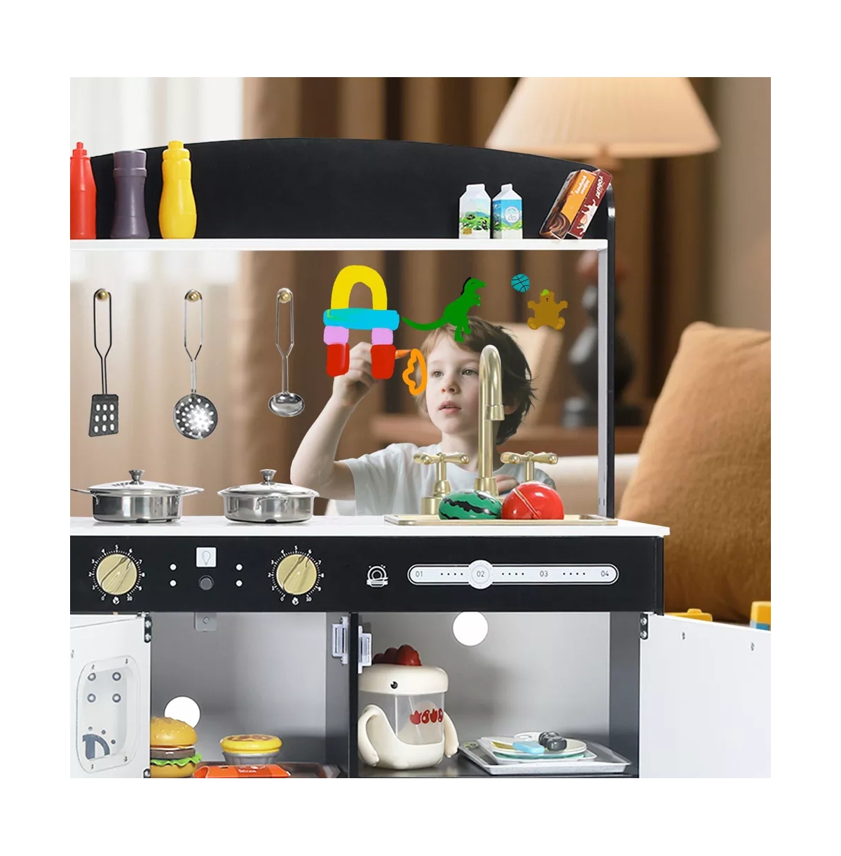 Kinder King Wooden Pretend Play Kids Kitchen, Toy Kitchen Playset w/Oven, Microwave for Boys Girls Age 3