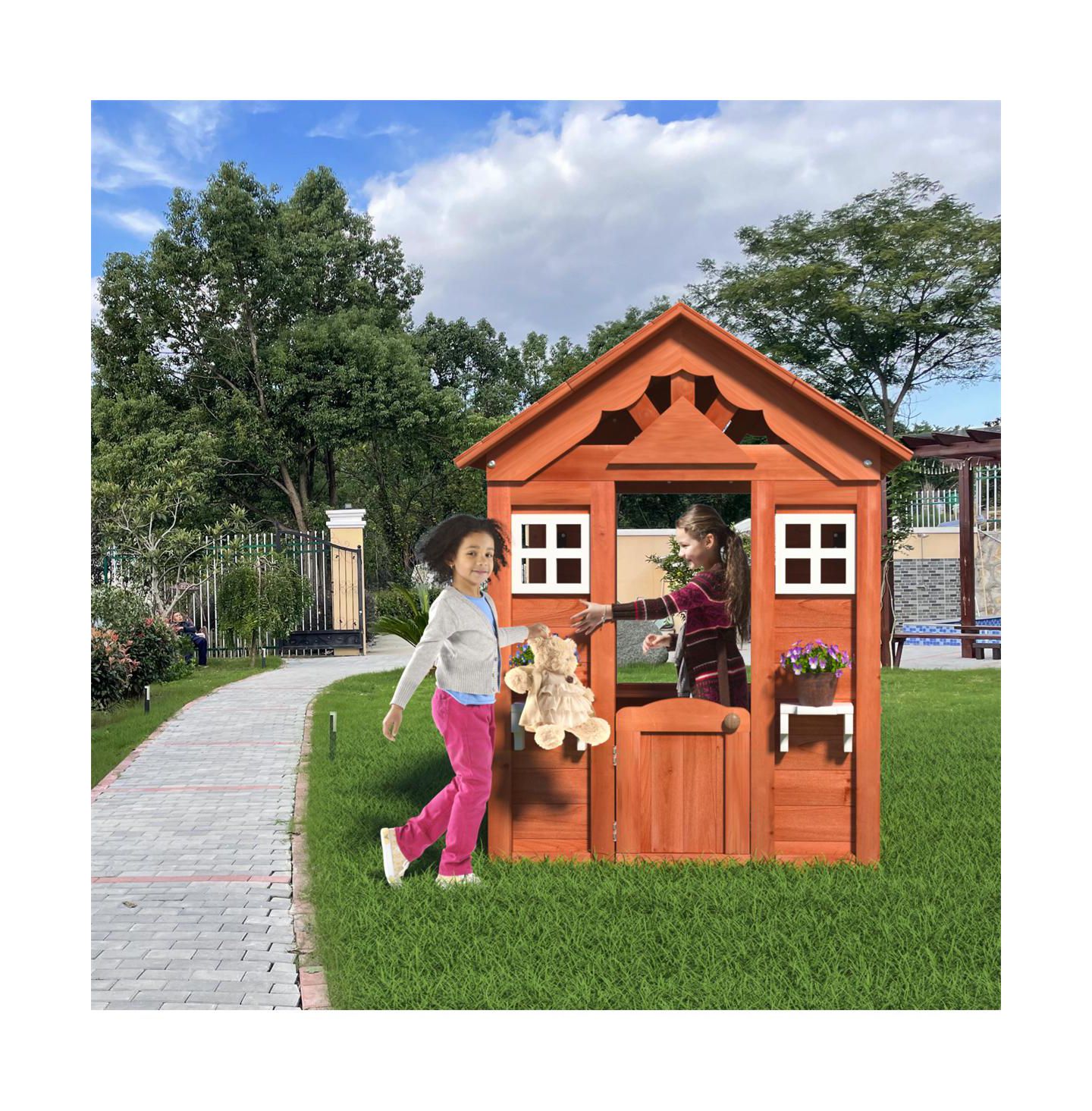 Детская игрушка YOBTOP Fir Wood Rot-Resistant Country-Style Playhouse with 2 Windows, Ages 3-8, цвет: Золотой коричневый — фото 2