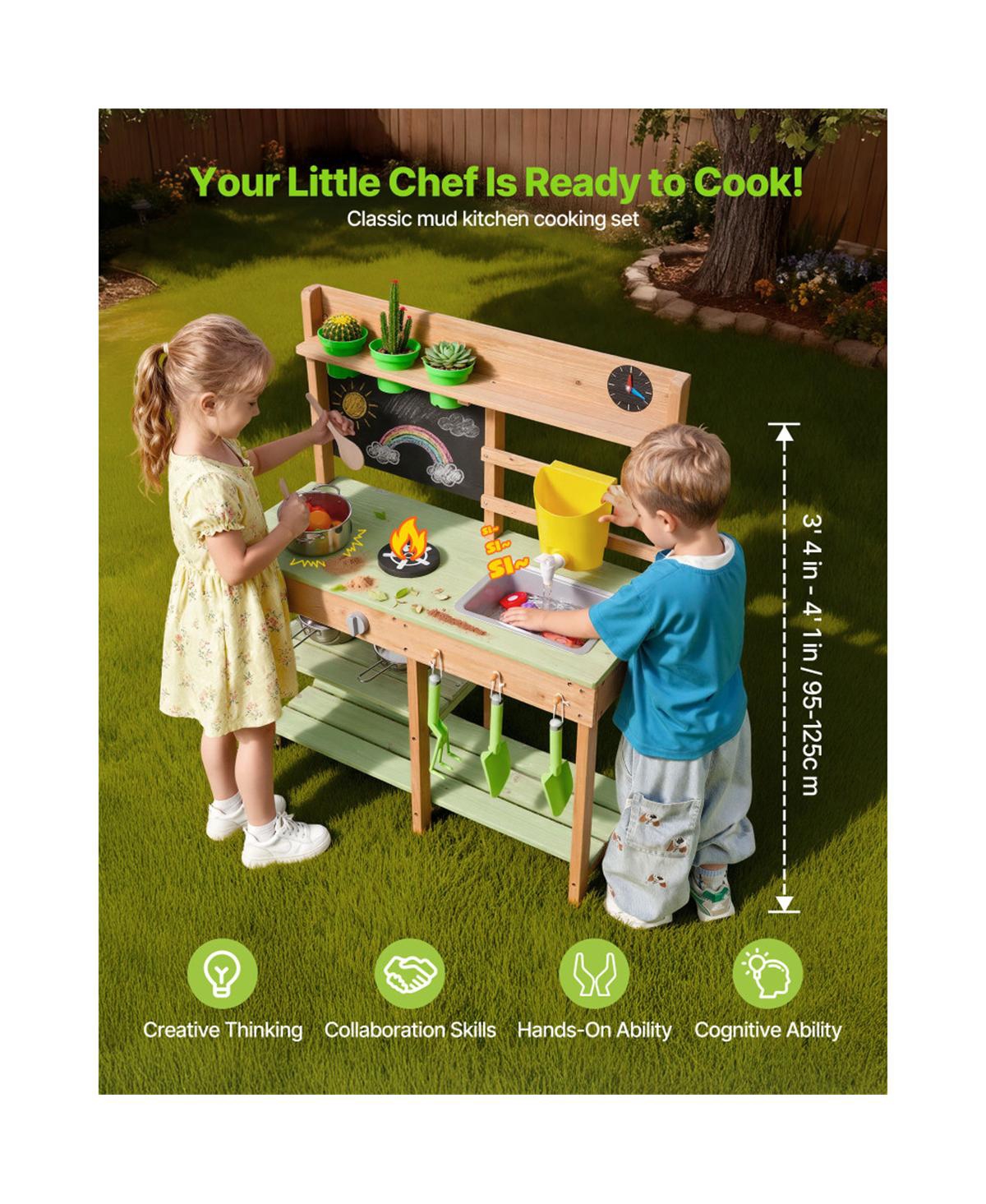 Yobtop Outdoor Wooden Dual-Stove 12-Piece Mud Kitchen Set, Ages 3+