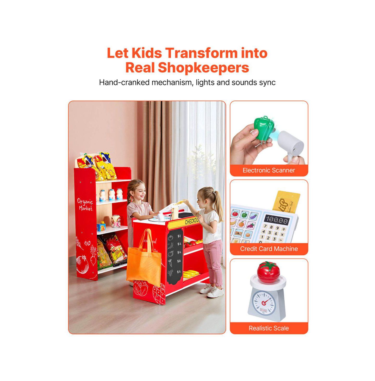 Детский игровой набор YOBTOP Kids Grocery Store Playset with Working Conveyor Belt and Cash Register, 35-Piece, Ages 3+, цвет: Разноцветный — фото 2