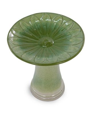Handmade Glazed Ceramic Bird Bath, Daisy Petal Embossed Tray, Pedestal Base, Ombre Gradient Glaze, Outdoor Bird Feeder for Patio and Backyard