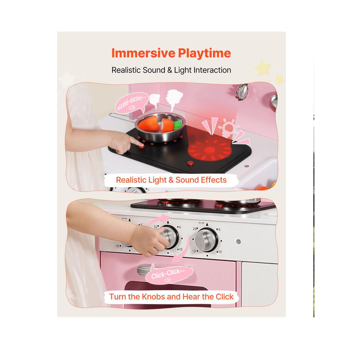 Детская игрушка YOBTOP Wooden Play Kitchen with Interactive Lights, Sounds & Accessories, Ages 3+, цвет: Розовый — фото 6