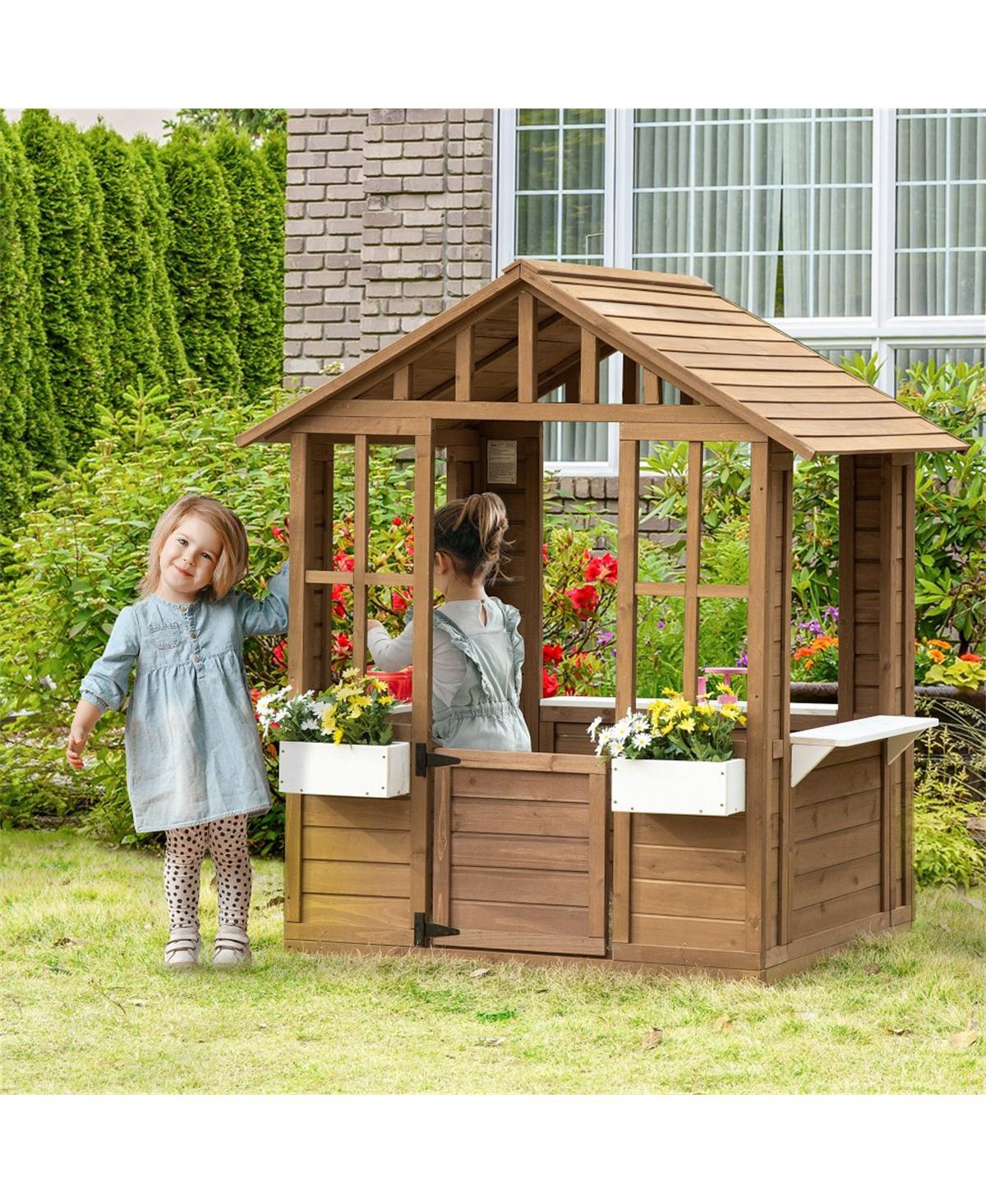 Yobtop Cottage Working-Door Solid Fir Wood 1-Piece Playhouse, Ages 3-8