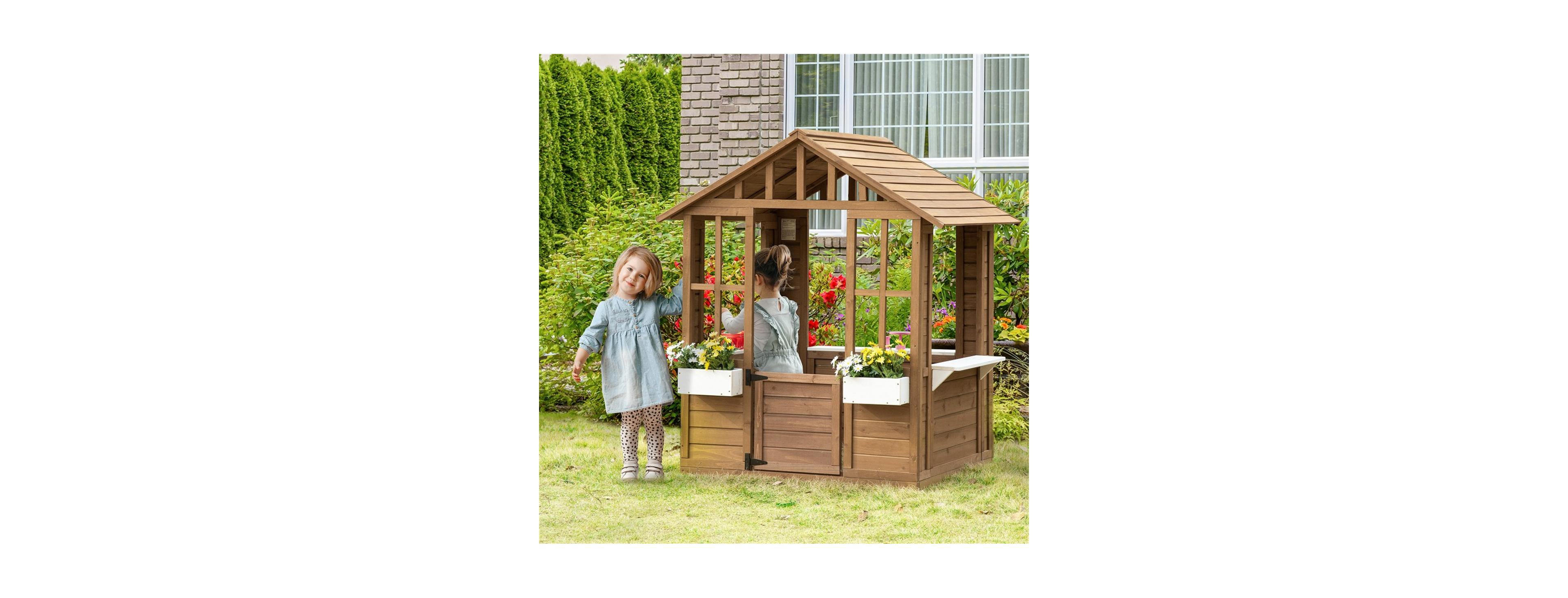 Yobtop Cottage Working-Door Solid Fir Wood 1-Piece Playhouse, Ages 3-8