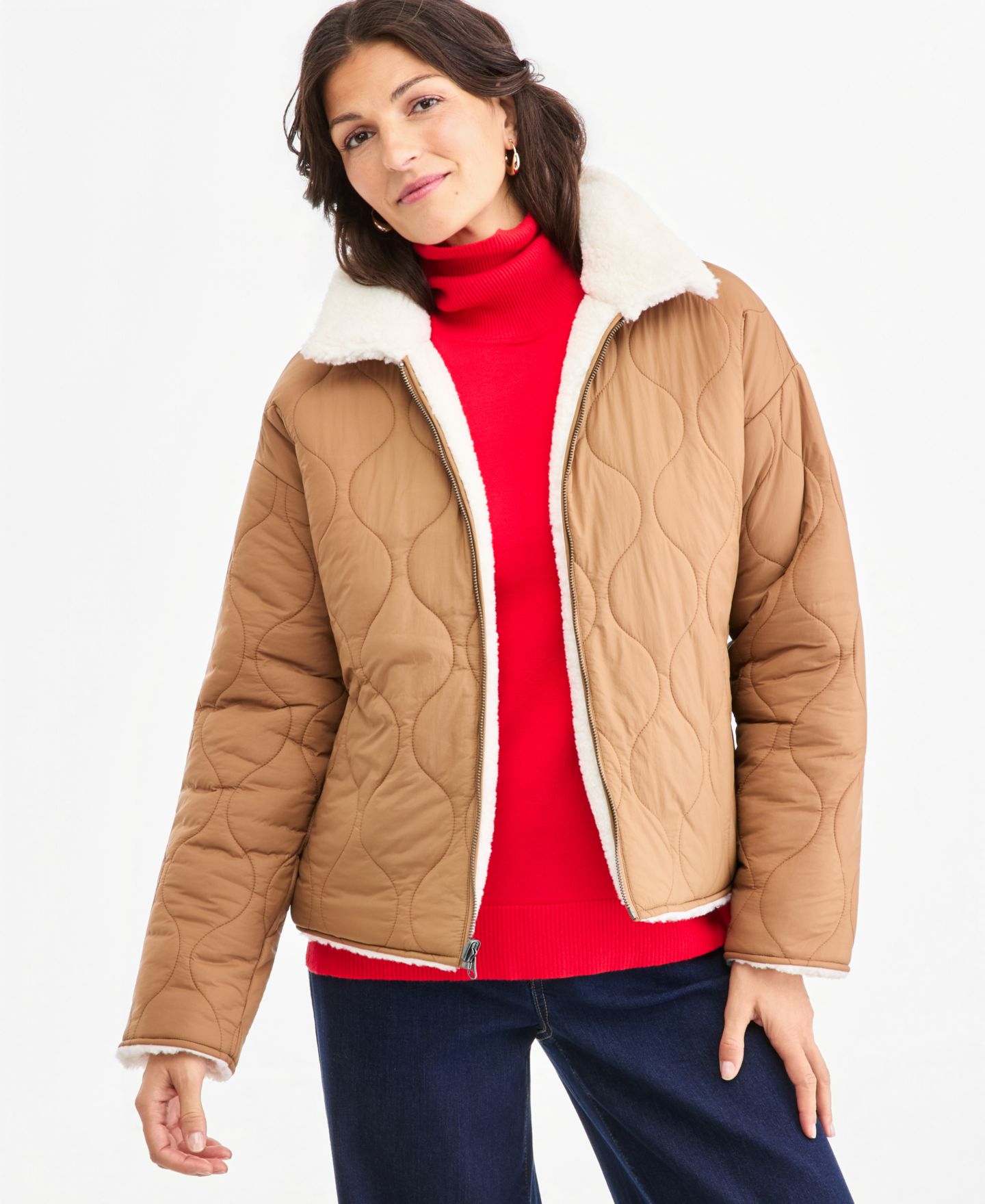 Женская куртка Style & Co Petite Quilted Reversible Mock-Neck, цвет: Palomino — фото 2