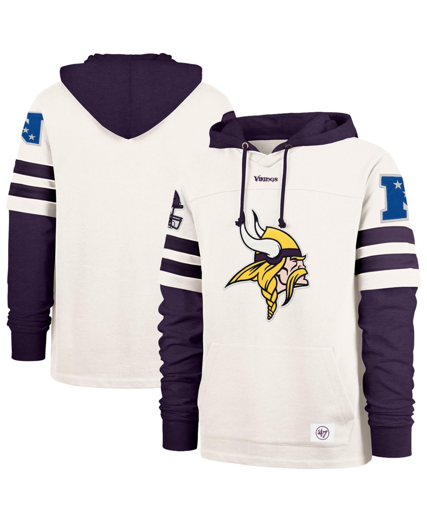 47 Brand Men's Cream Minnesota Vikings Split Zone Cornerback Duo Lacer Hoodie