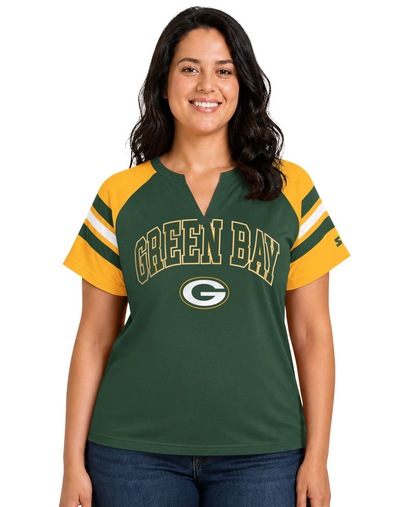 Женская футболка Starter Green Bay Packers Plus Size Game On Notch Neck Raglan — фото 1