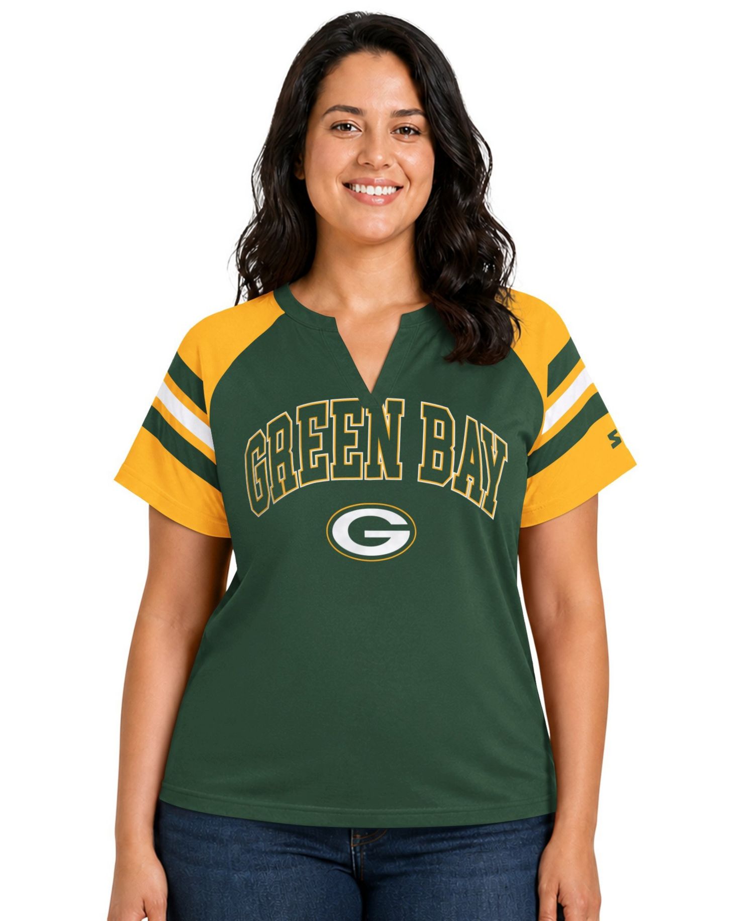 Women's Green Bay Packers Plus Size Game On Notch Neck Raglan T-Shirt