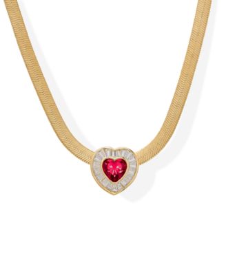 Simulated Ruby and Cubic Zirconia Baguette Heart on Herringbone Necklace