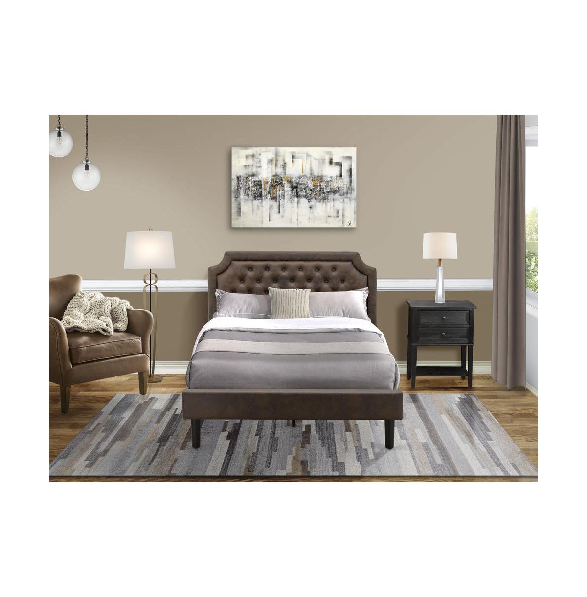 East West Furniture GB25F-1VL06 2-Pc Wooden Set for Bedroom with Full Bed and Wirebrushed Night Stand - Faux Leather and Black Legs - Black textured