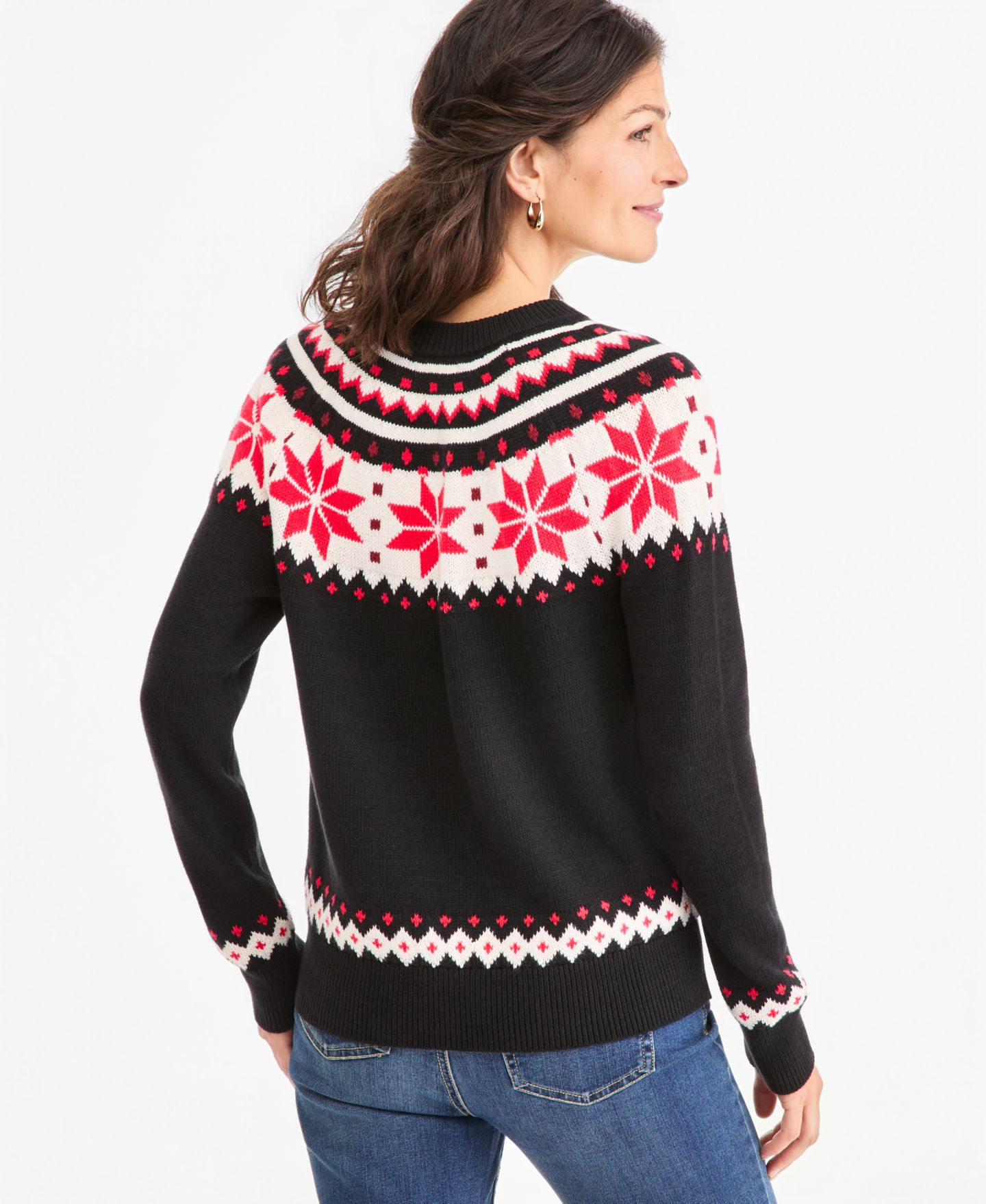 Женский свитер Style & Co Petite Whimsy Snowflake Fair Isle Pullover Cotton-Blend Crewneck, цвет: Глубокий чёрный — фото 2