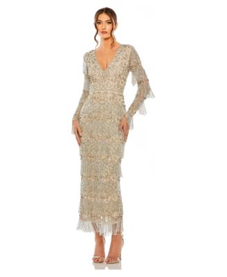 Women's V-Neck Long-Sleeve Beaded Gown