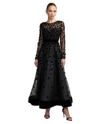 Petite Floral Applique Beaded Tulle Evening Gown