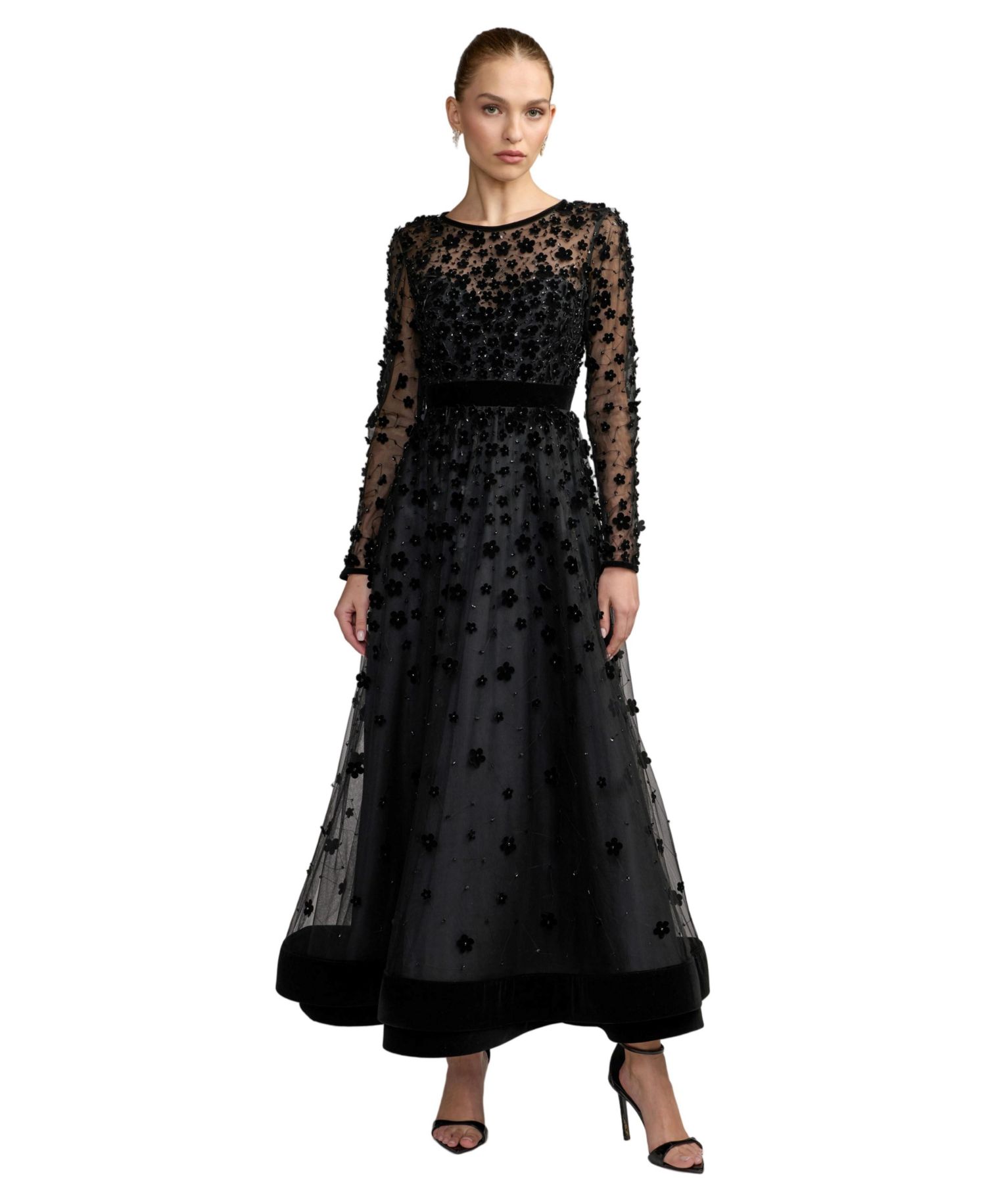 Petite Floral Applique Beaded Tulle Evening Gown