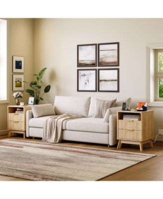 Set of 2 Modern 2 Drawer Wave Fluted Nightstands, Bedside Tables with Charging Station