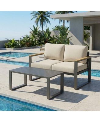 All-Weather Indoor/ Outdoor Loveseat Sofa Set for Balcony, Garden, Deck, Living Room with Coffee Table