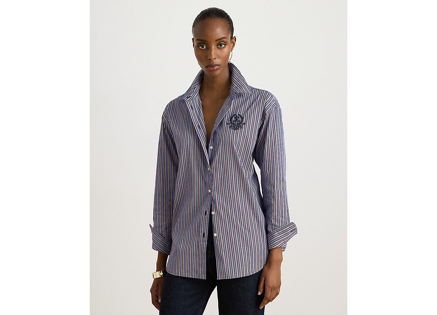 Petite Striped Point-Collar Relaxed-Fit Button-Down Shirt