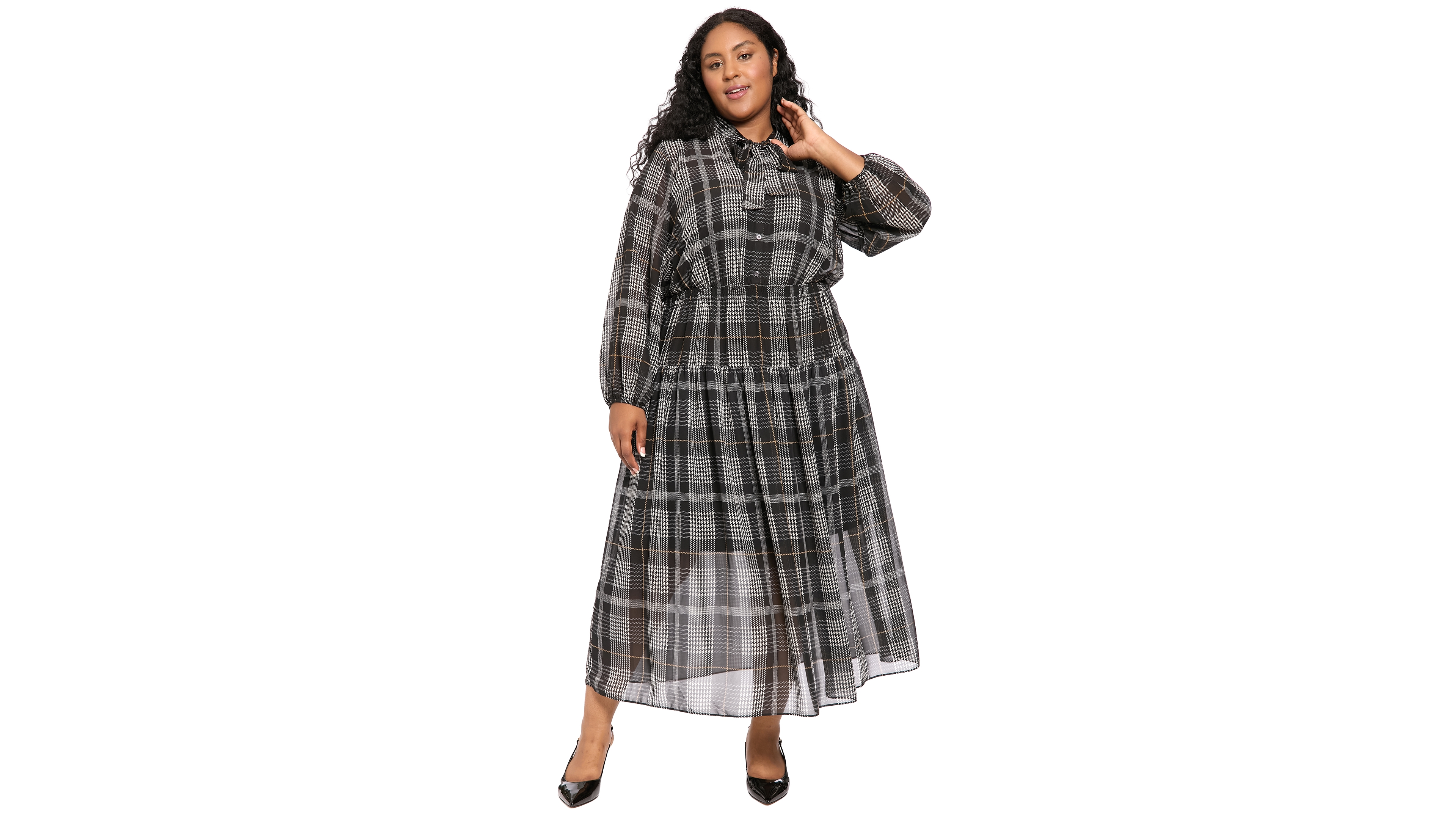 London Times Women's Plus Tiered Tie-Neck Maxi Dress