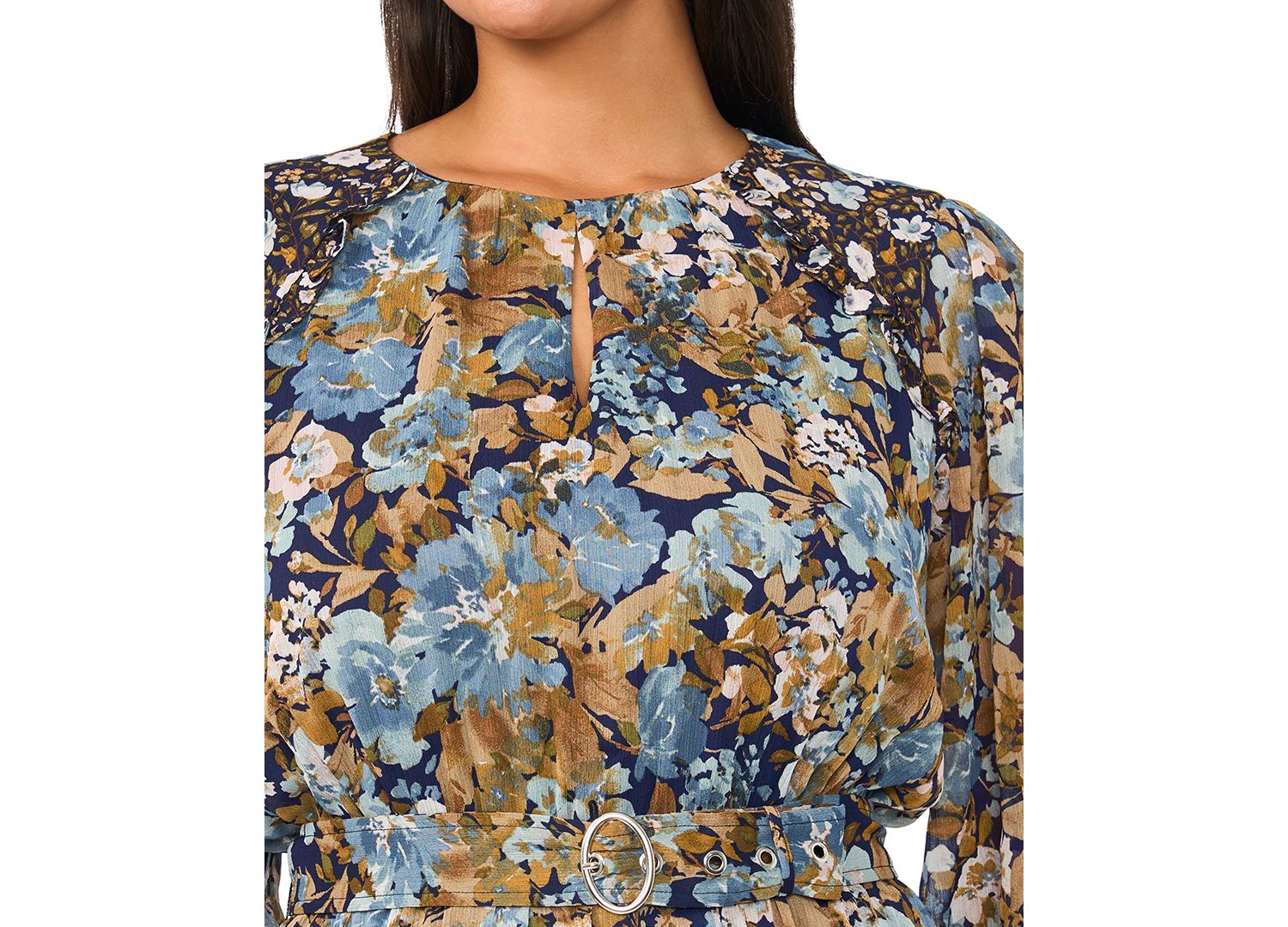 Plus Size Keyhole 3/4-Sleeve Floral-Print Chiffon Maxi Dress