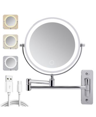 Wall Mounted Lighted Makeup Mirror 1000mAh Rechargeable Double Sided 1x 10x Magnifying 3 Color Lights Touch Dimmable 360 Rotation Extended Arm