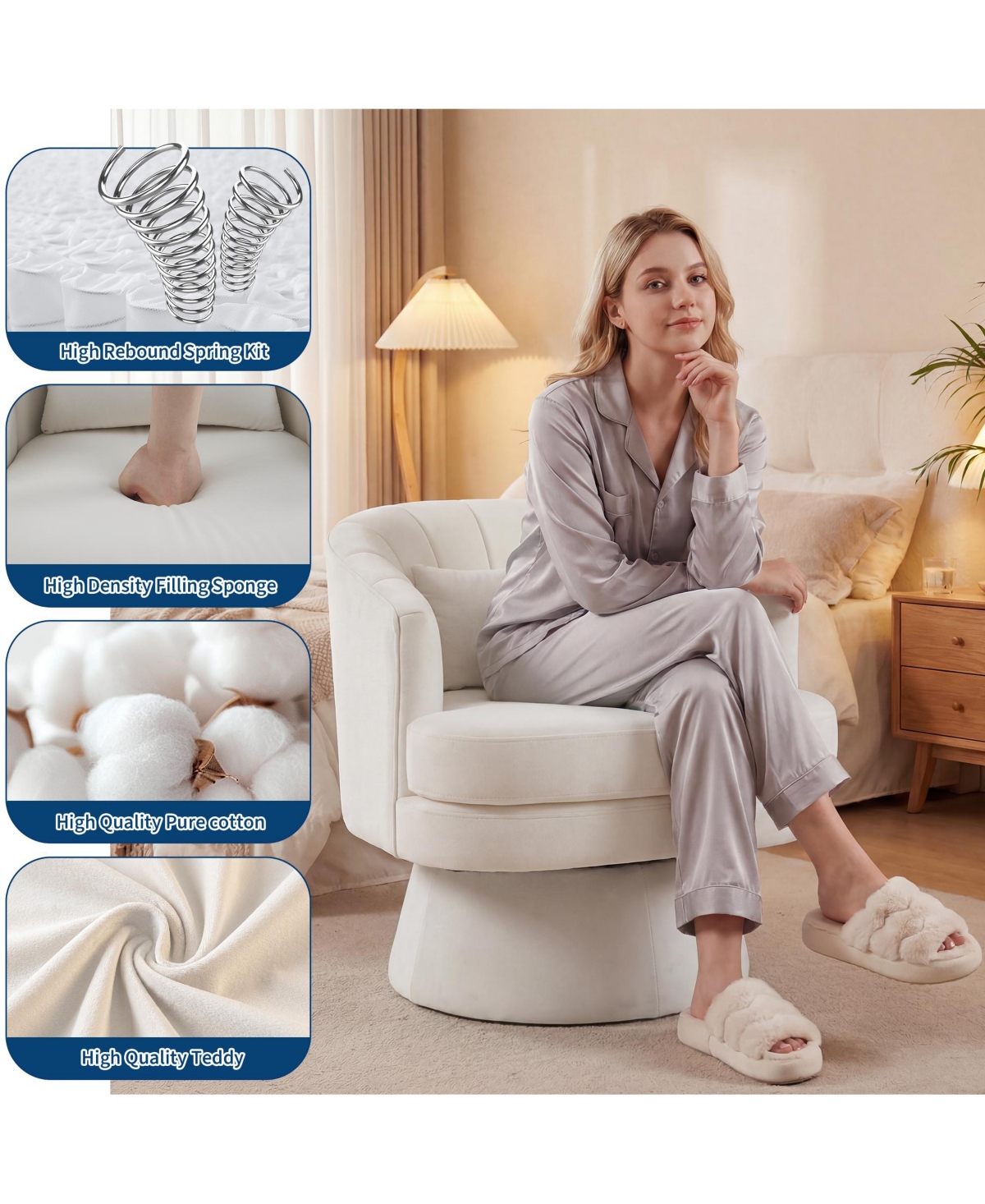 gaomon 360degree(s) Swivel Barrel Accent Chair with Lumbar Pillow, Soft Fuzzy Upholstered Cozy Reading Chair for Living Room Bedroom
