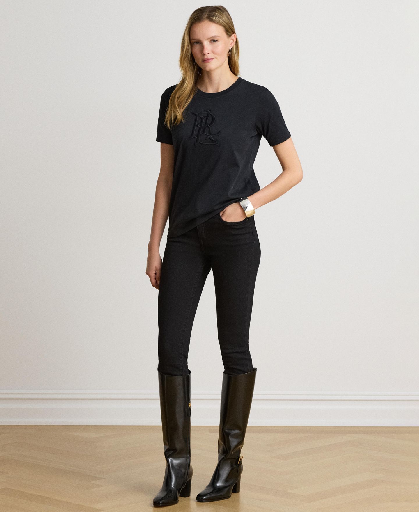 Женская футболка Lauren Ralph Lauren Embroidered-Logo Crewneck, цвет: Чёрный — фото 2