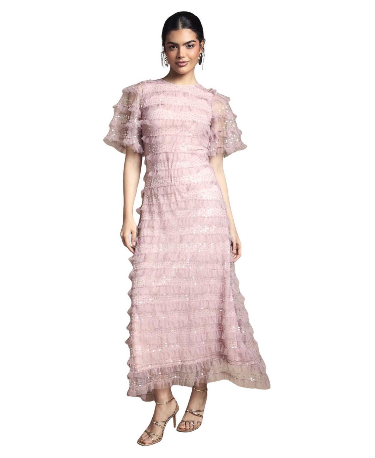 Женское платье Oasis Sequin Ruffle-Detail Short-Sleeve Maxi, цвет: Розовый — фото 1