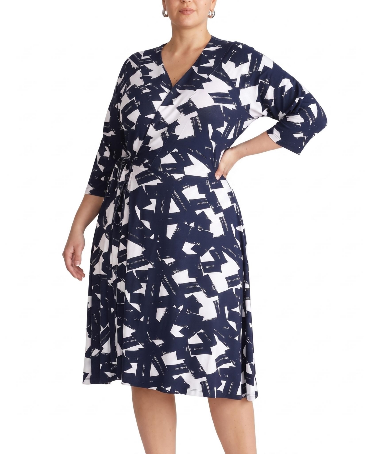 Universal Standard Plus Size The Divine Midi V-Neck 3/4-Sleeve Wrap Dress - Navy santiago print