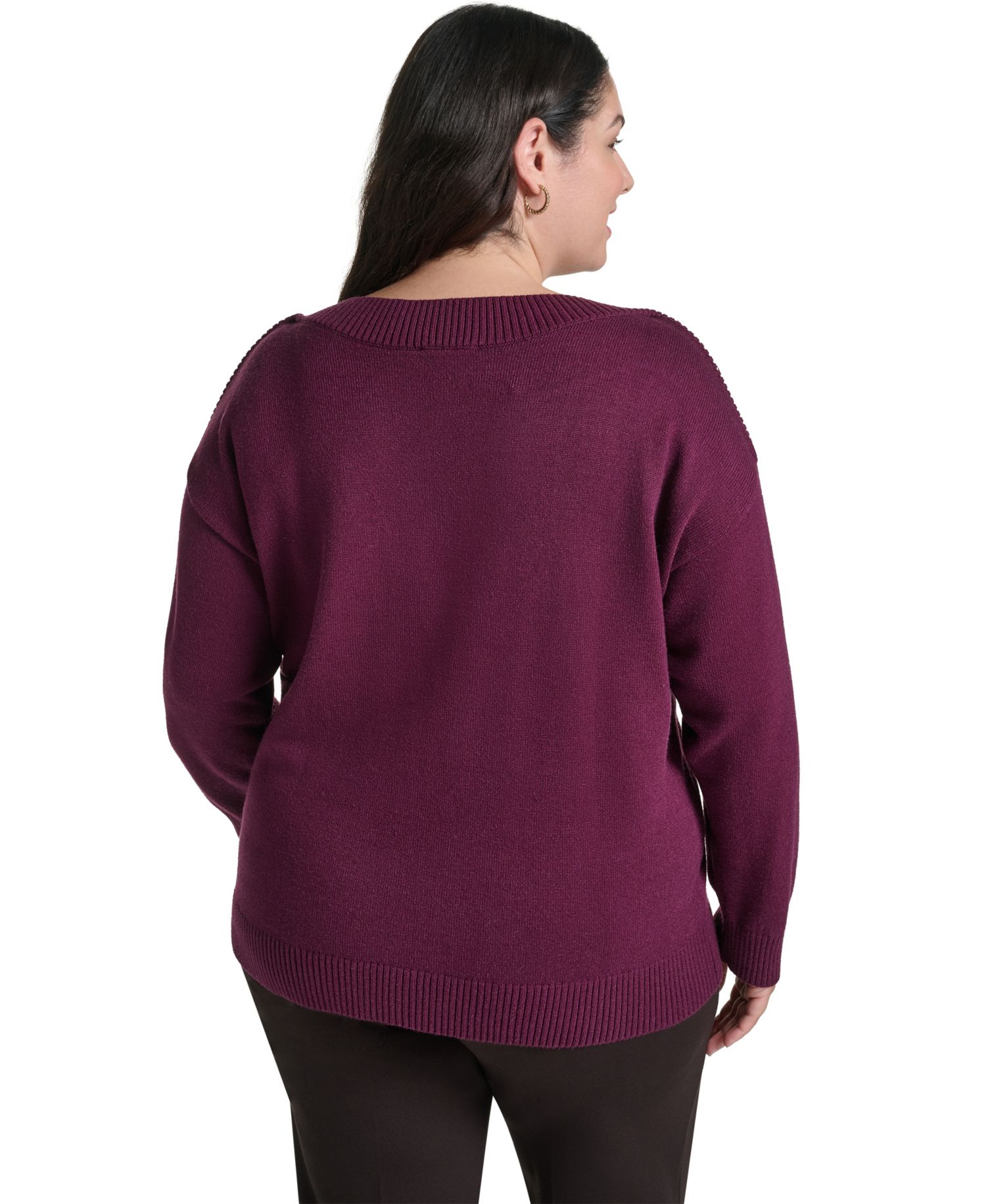Plus Size Boatneck Button Shoulder Overlay Sweater
