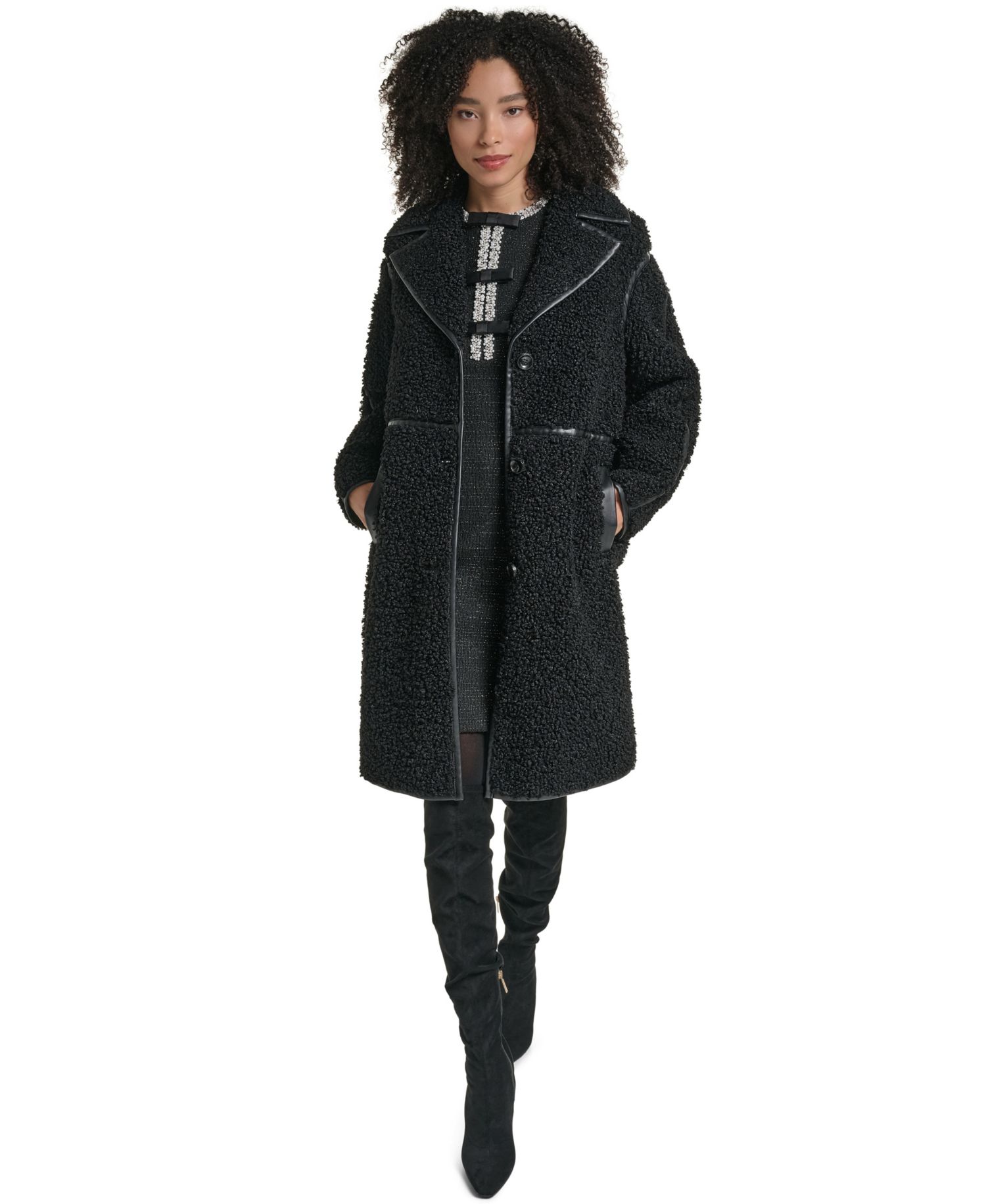 Women's Faux-Leather-Trim Teddy Coat