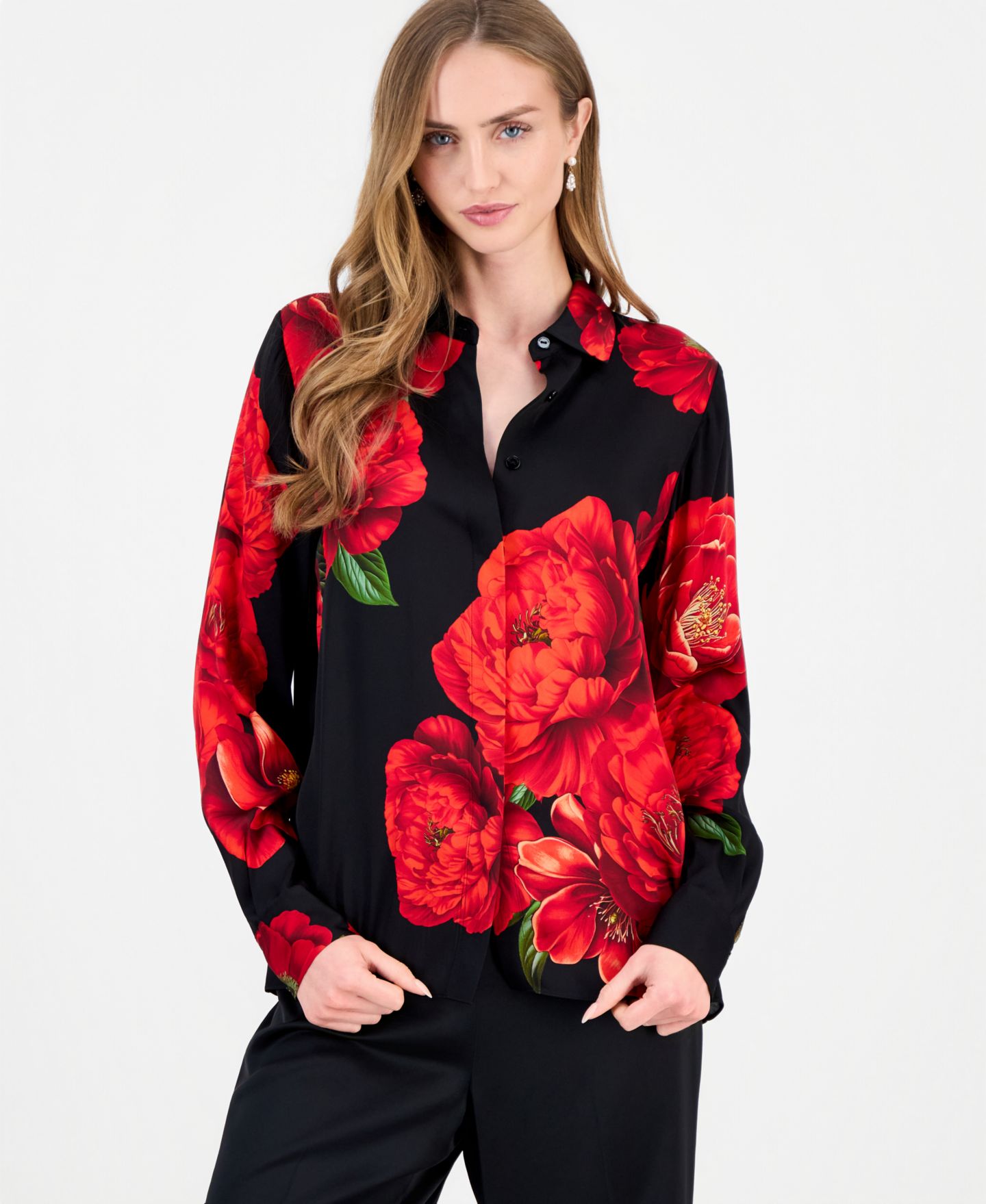 Женская блузка Elie Tahari Shae Floral Long Sleeve Button Down, цвет: Bleeding L — фото 1