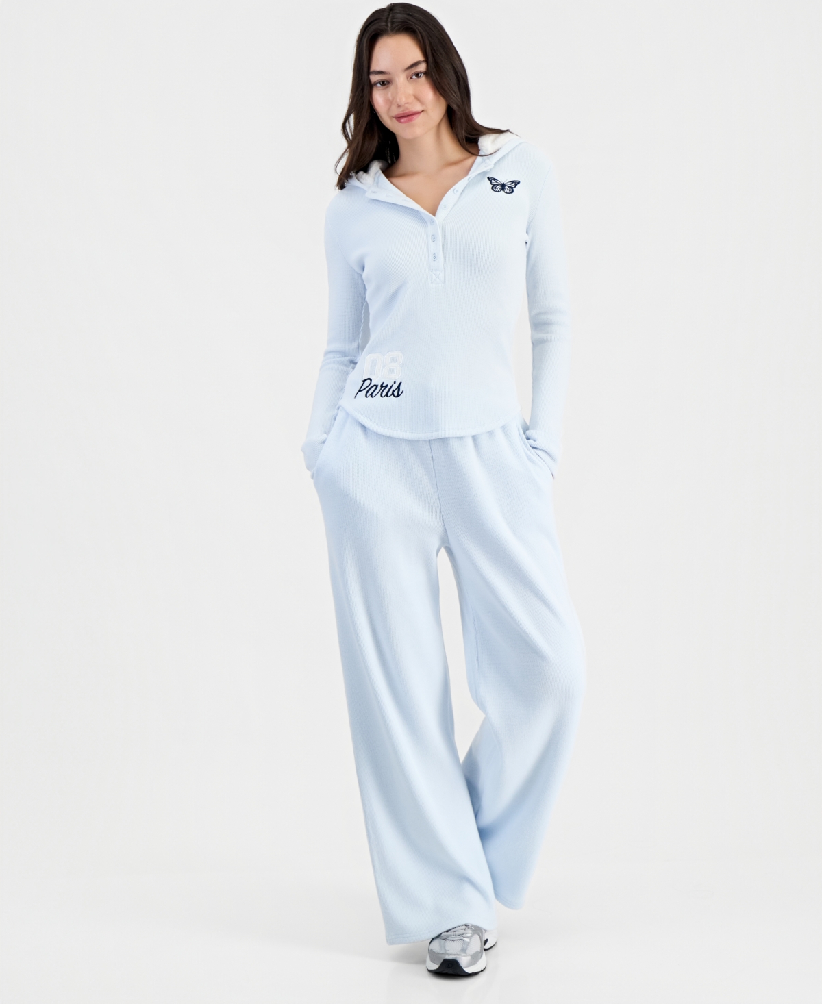 Madden Girl Juniors' Wide Wide-leg Cozy Waffle Knit Pants In Blue