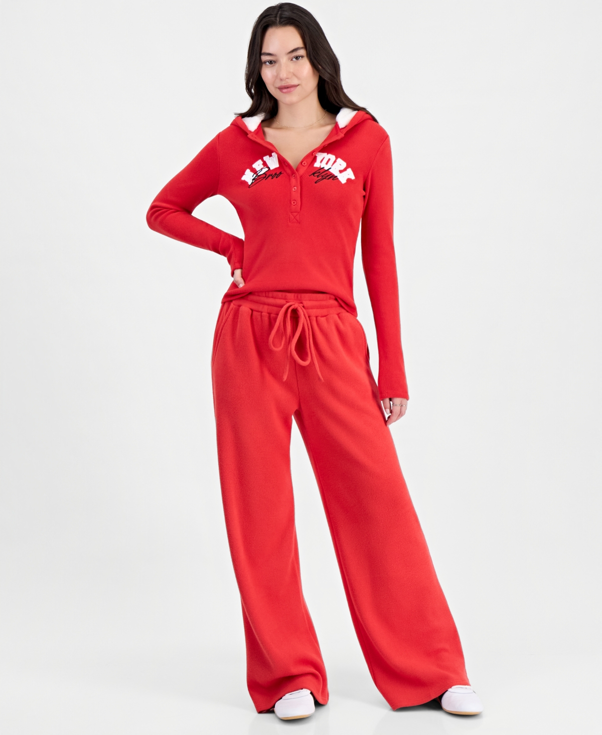 Madden Girl Juniors' Wide Wide-leg Cozy Waffle Knit Pants In Red