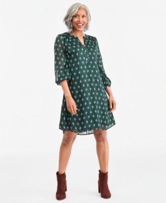 Women's Printed Lurex Split-Neck Dress