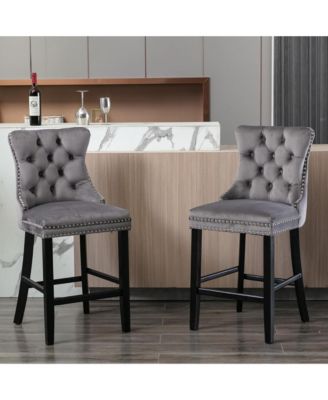 Velvet Upholstered Bar Stools Set of 2 - Button Tufted Decoration, Nailhead Trim and Wooden Legs, Counter Height Chairs for Home Pub