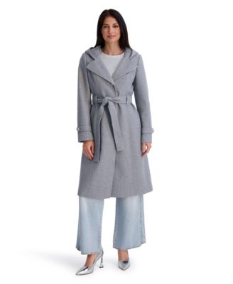 Women's Hooded Faux Wool Coat With Belt And Button Front