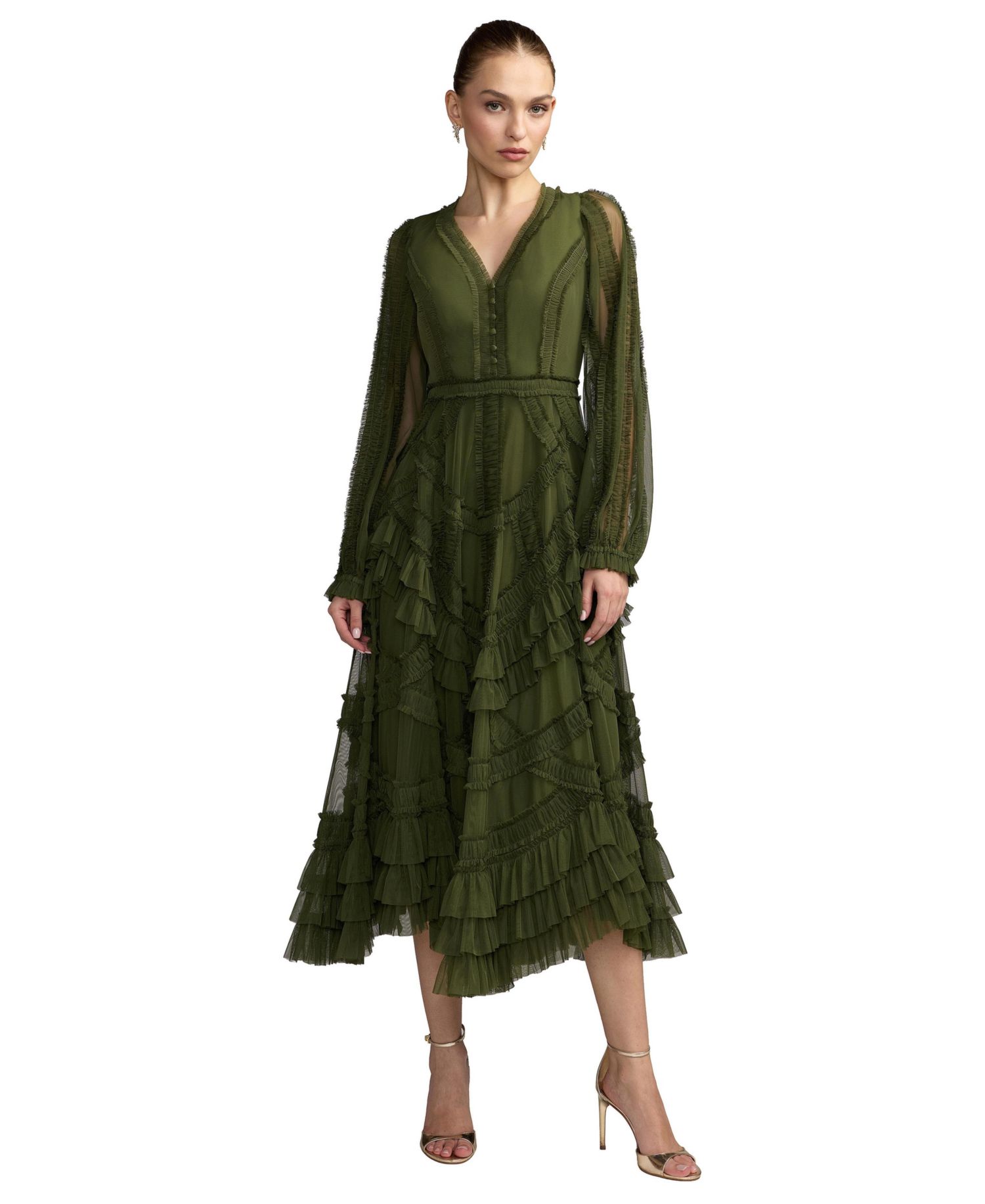 Women's Long-Sleeve Mesh Ruffle Midi Dress