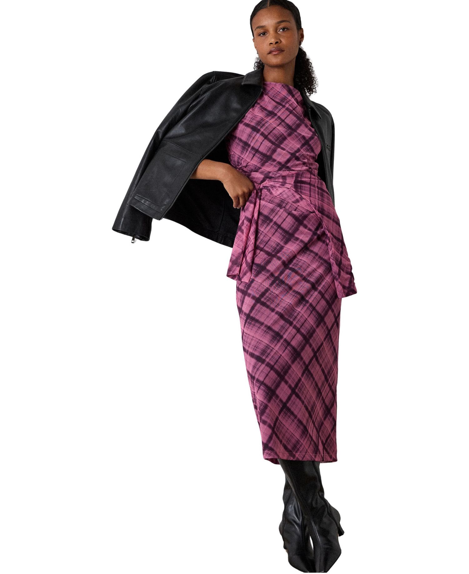 Women's Twist Check Mesh Ruched-Waist Midi Dress