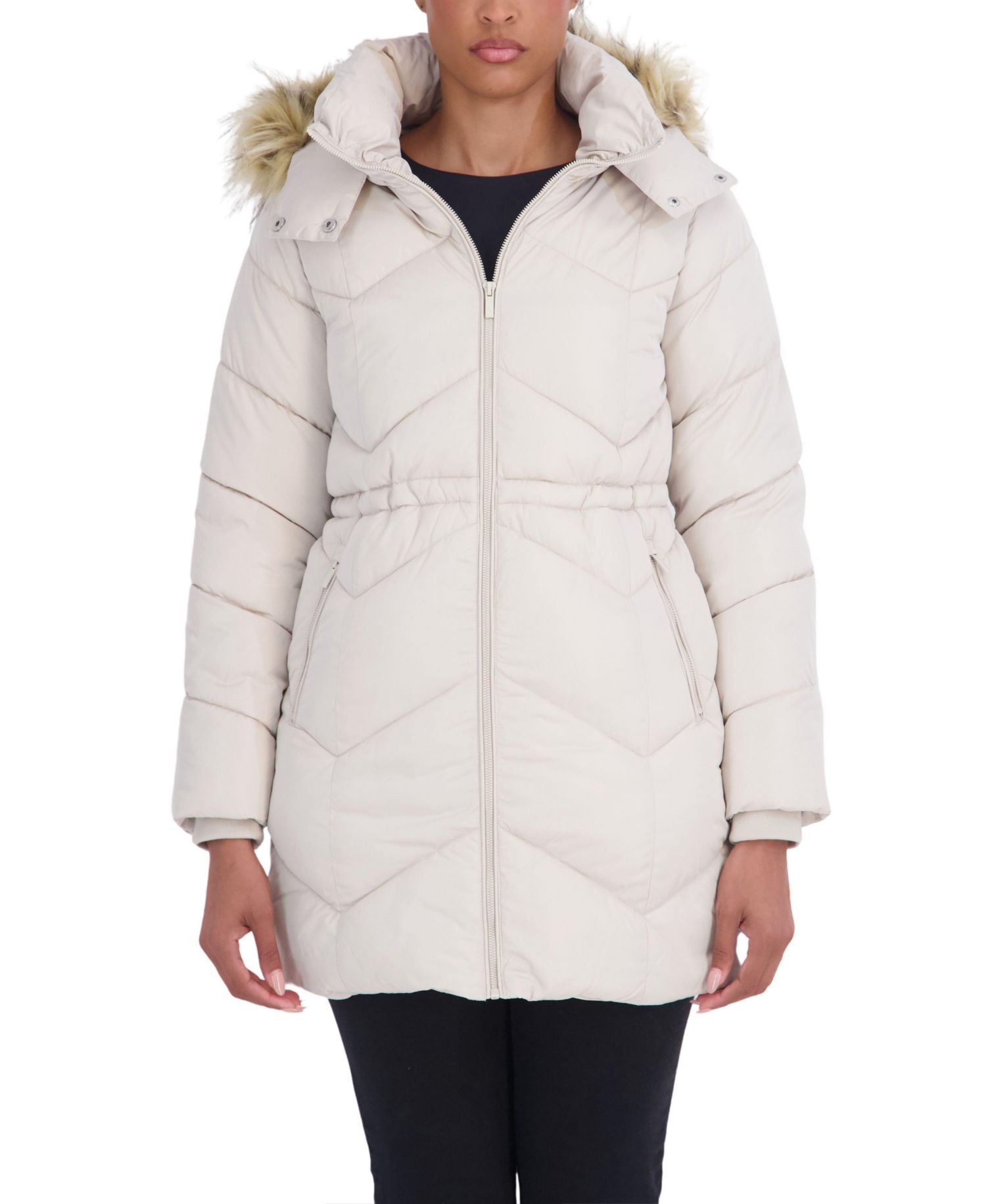 Women's 3/4 Hooded Faux Fur Trimmed Puffer Coat