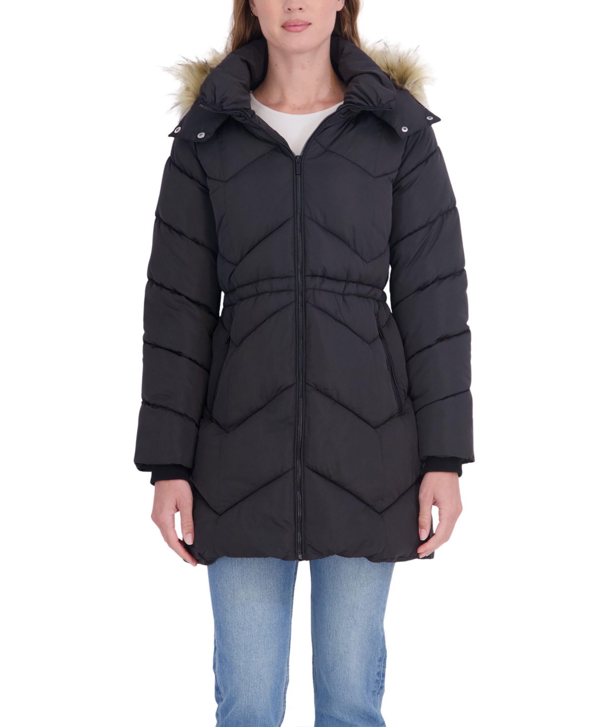 Sebby Collection Women's 3/4 Hooded Faux Fur Trimmed Puffer Coat - Black
