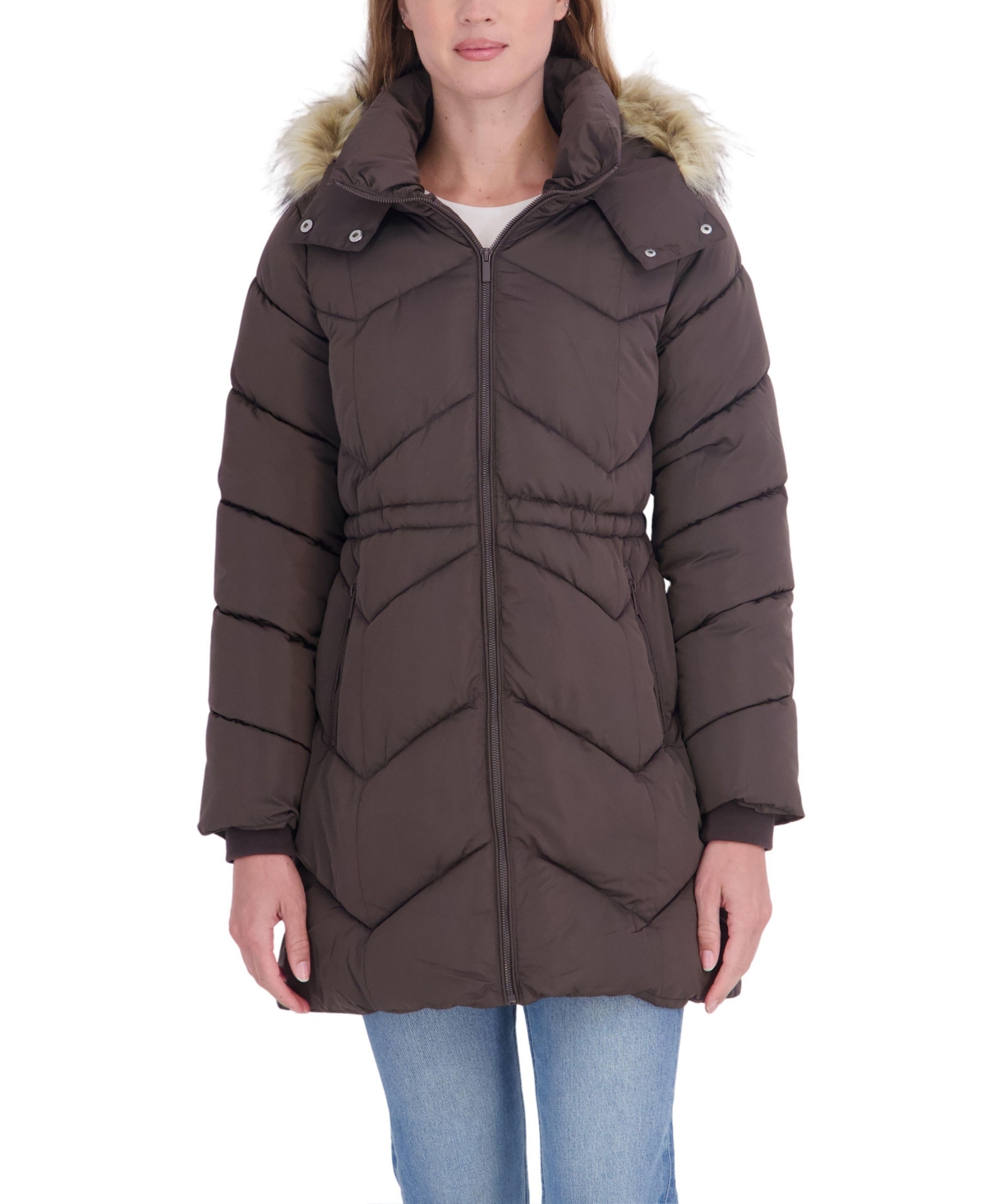 Sebby Collection Women's 3/4 Hooded Faux Fur Trimmed Puffer Coat - Brown