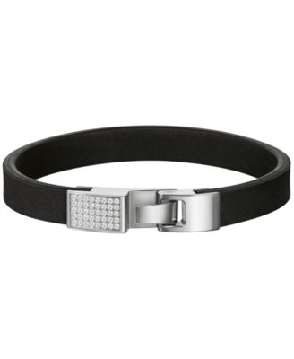 Men's White Topaz Leather Hook-Closure Bracelet, 8.5"