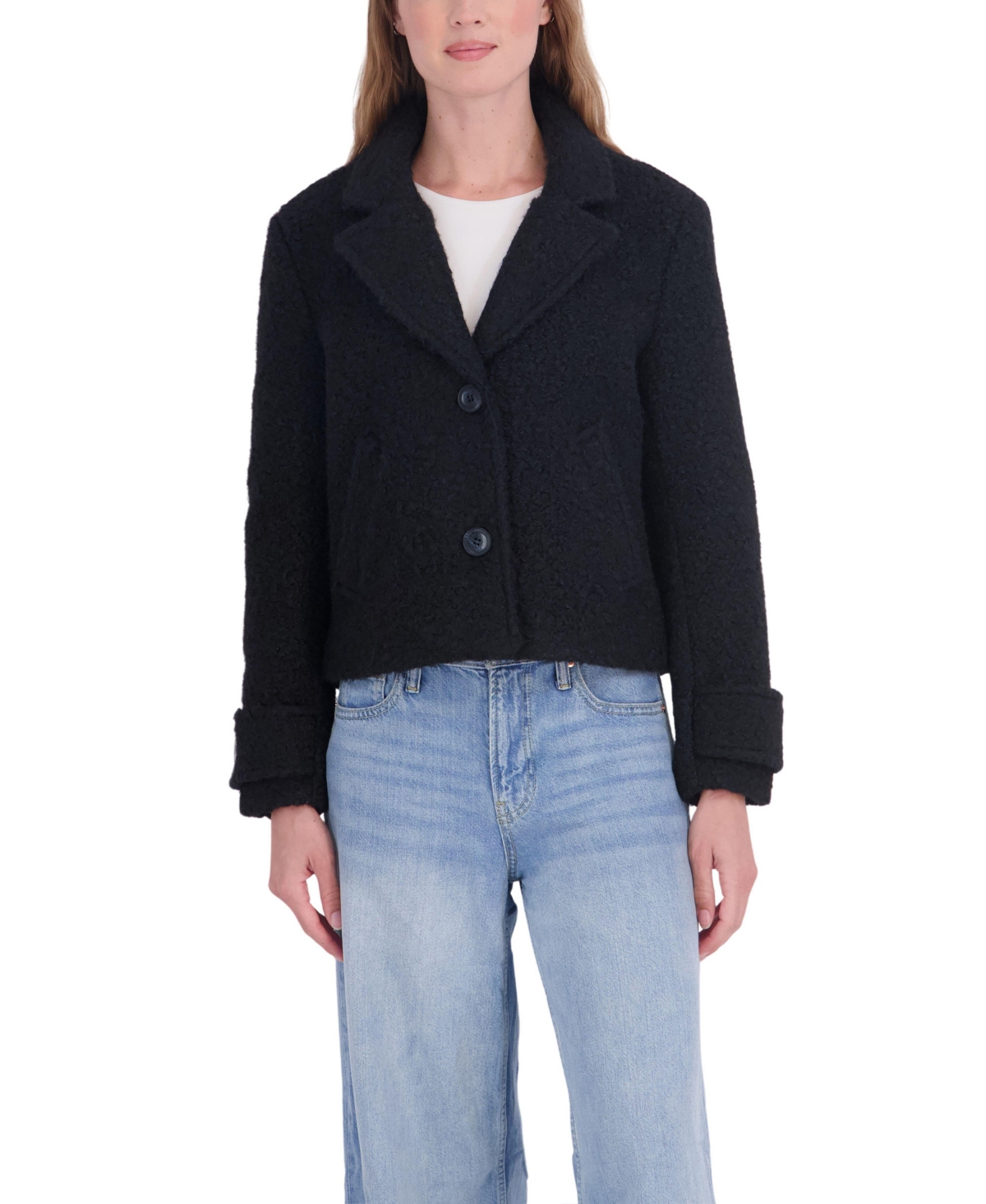 Sebby Collection Women's Short Boucle Faux Wool Single Breasted Coat - Black