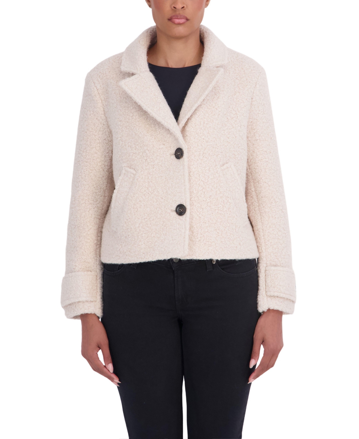 Sebby Collection Women's Short Boucle Faux Wool Single Breasted Coat - Ivory