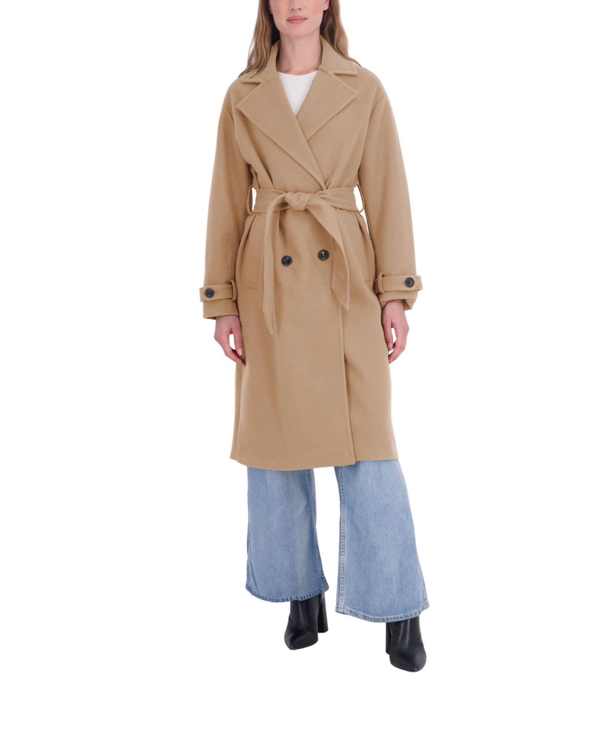 Sebby Collection Women's Long Belted Oversized Double Breasted Faux Wool Coat - Camel