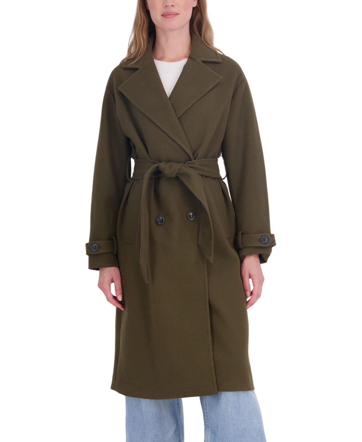 Sebby Collection Women's Long Belted Oversized Double Breasted Faux Wool Coat - Olive